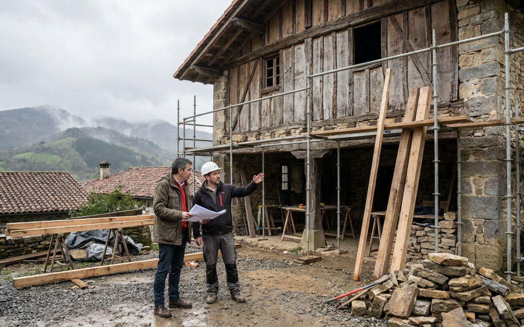 Reforma paso a paso de caserío vasco en Bizkaia con muro de piedra y vigas de roble