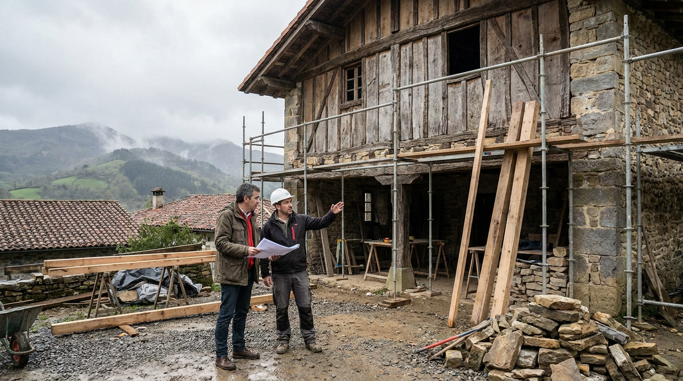 Reforma paso a paso de caserío vasco en Bizkaia con muro de piedra y vigas de roble
