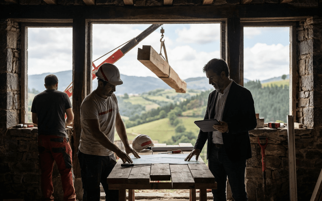 Reforma de caserío en Bizkaia con muros de piedra y vigas de madera vistas
