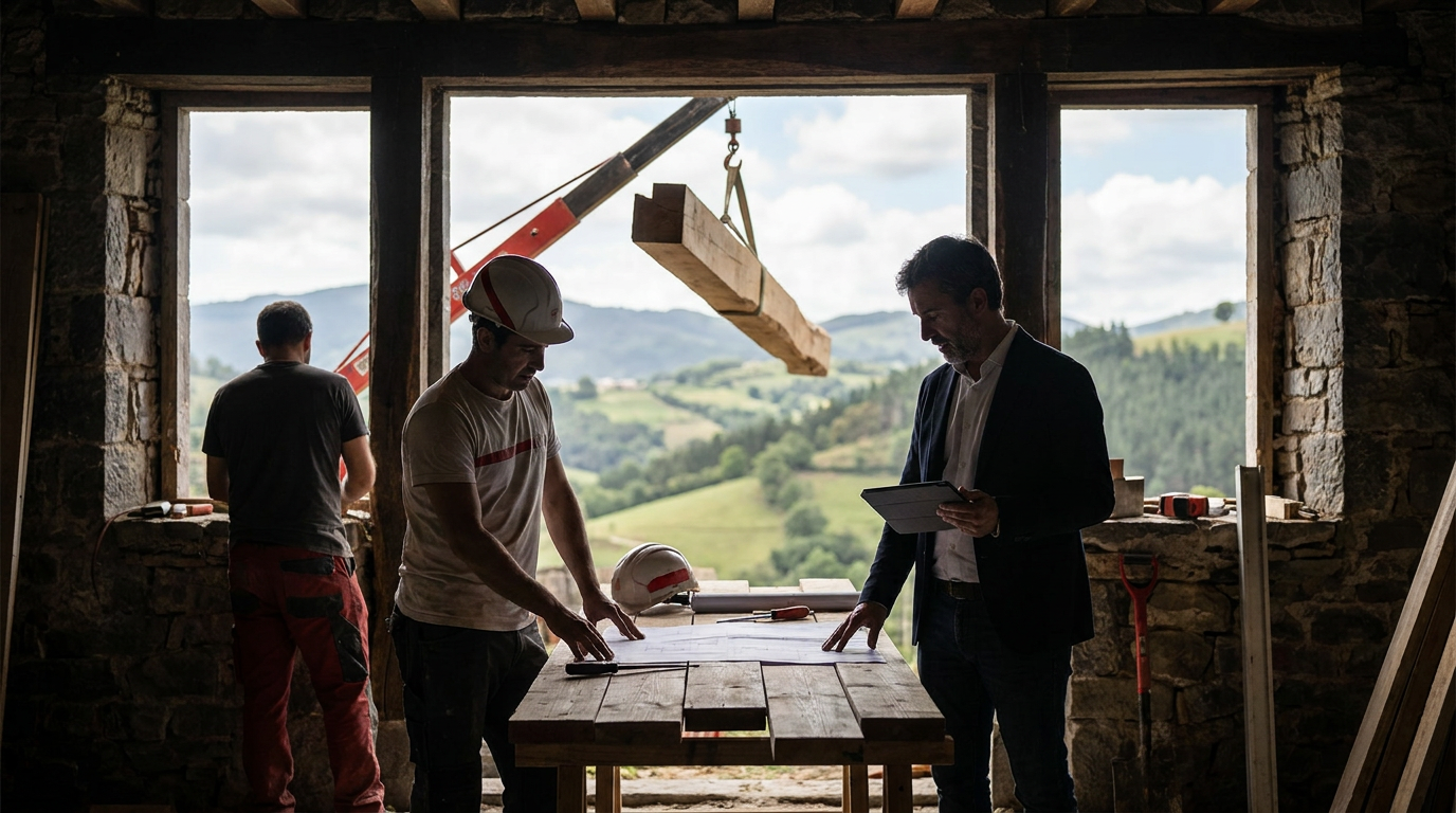 Reforma de caserío en Bizkaia con muros de piedra y vigas de madera vistas