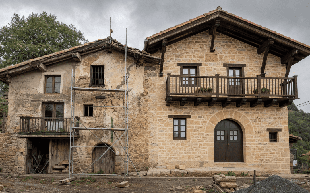 Caserío vasco en proceso de rehabilitación, mitad restaurado mitad por restaurar, Bizkaia