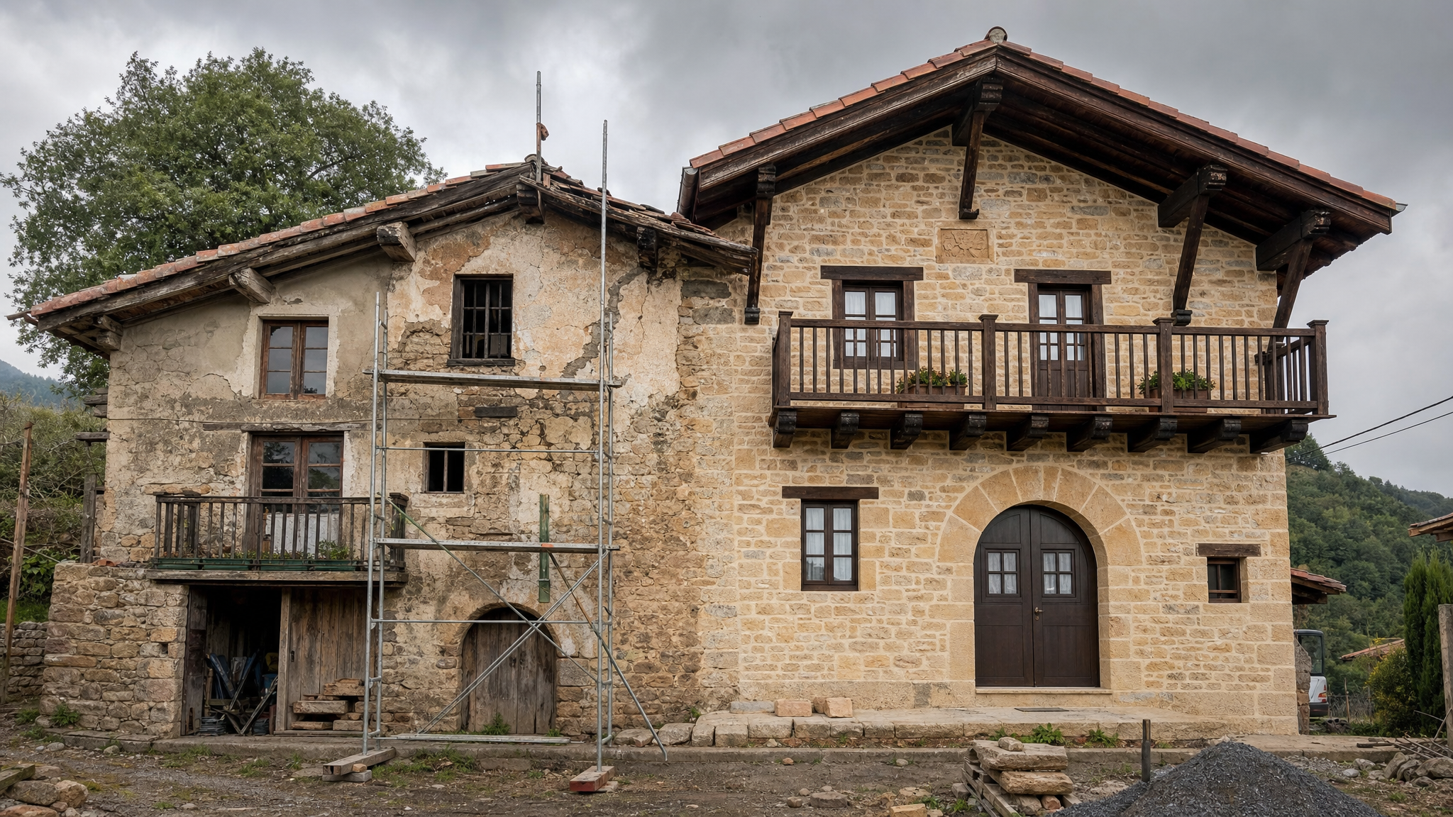 Caserío vasco en proceso de rehabilitación, mitad restaurado mitad por restaurar, Bizkaia