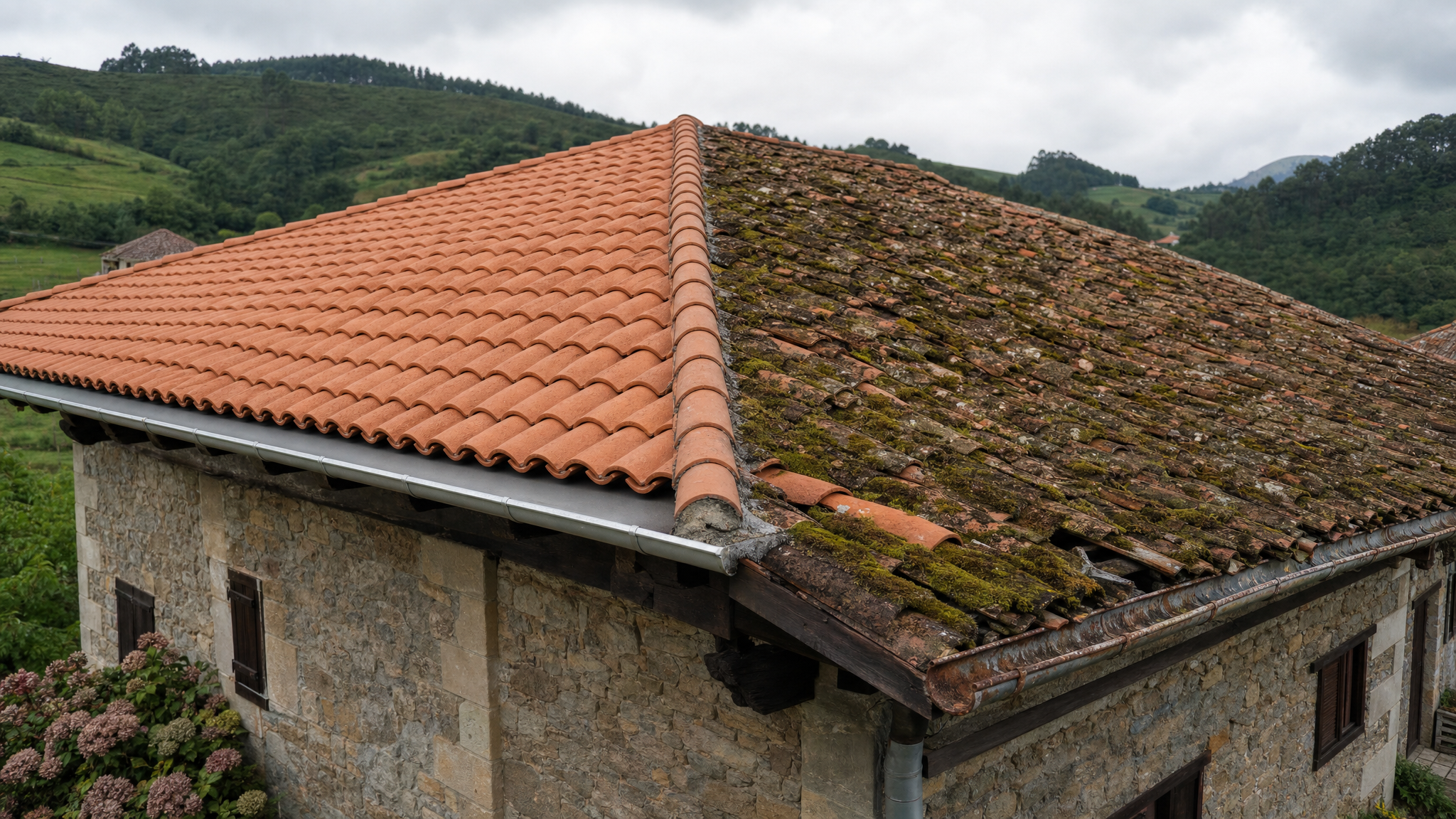 Caserío de Bermeo con cubierta a medio rehabilitar: tejas nuevas y tejas envejecidas comparadas