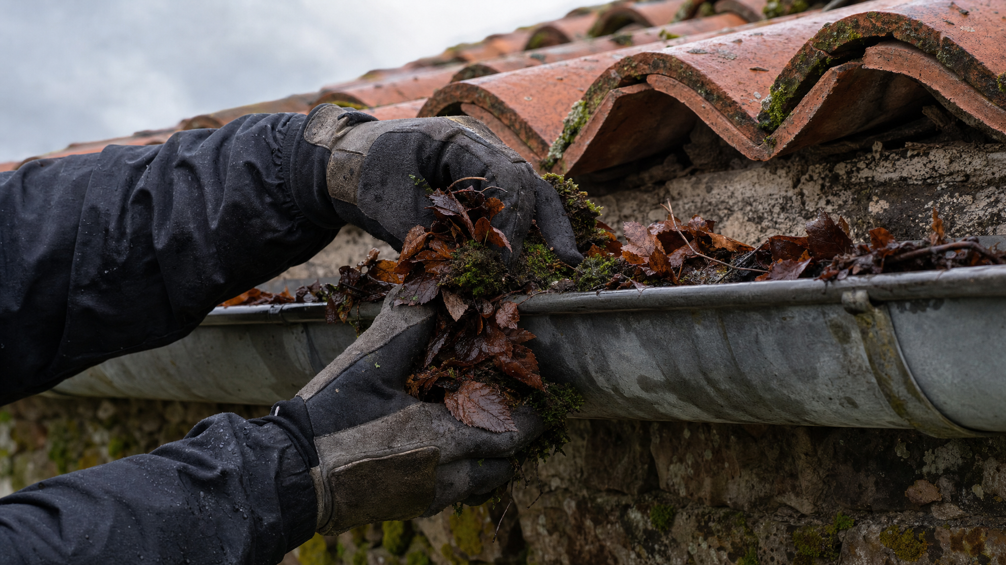 Limpieza de canalón de tejado en caserío de Bizkaia con guantes de trabajo