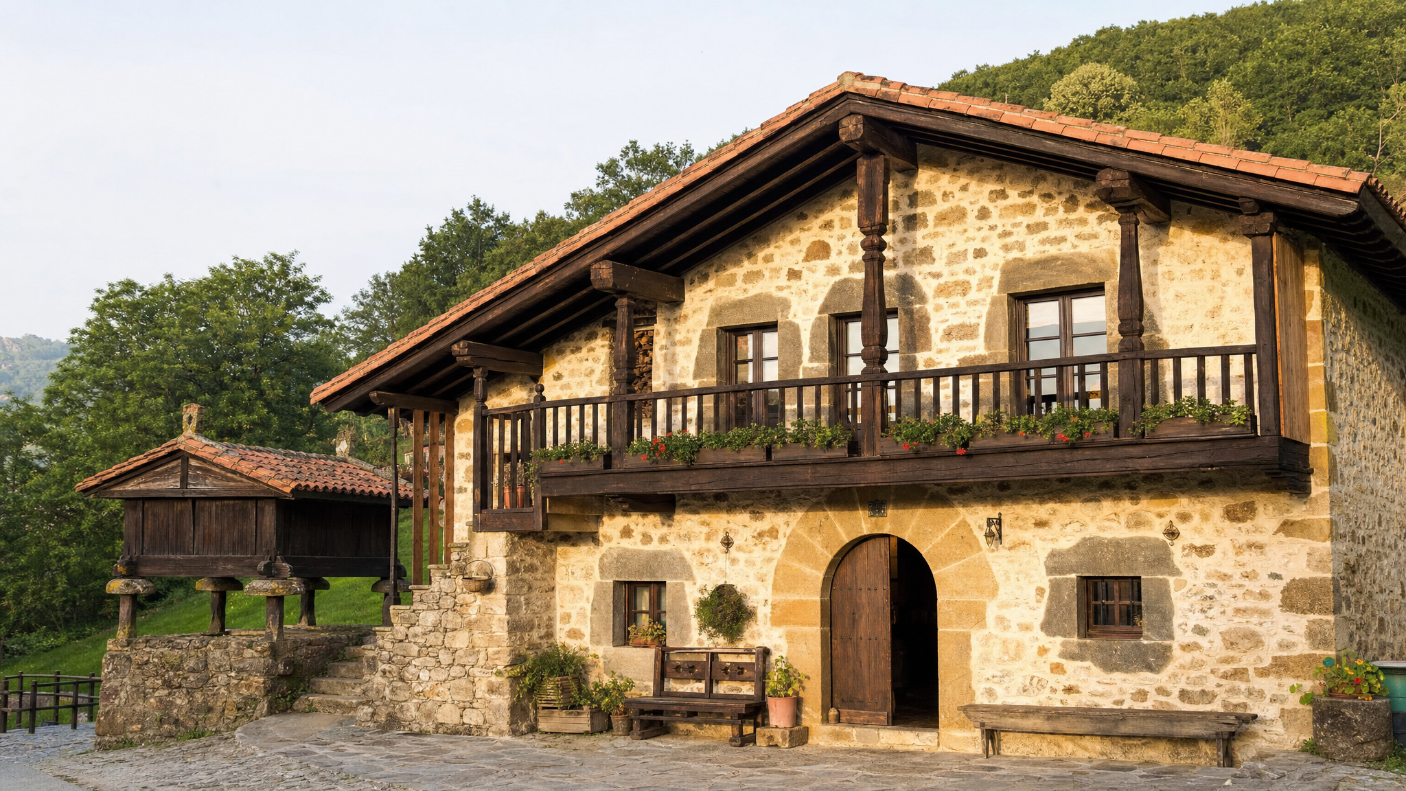 Caserío vasco tradicional con elementos arquitectónicos típicos: balcón de madera, mampostería y teja