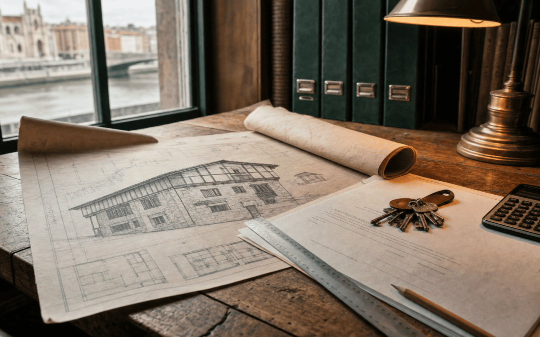 Escritorio de arquitectura con planos, documentación oficial de subvenciones y llaves de vivienda