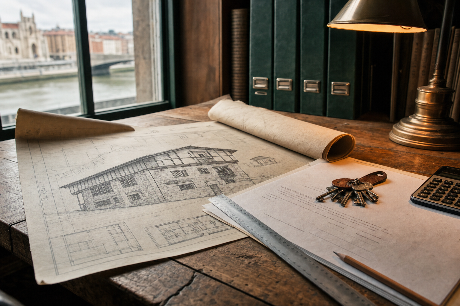 Escritorio de arquitectura con planos, documentación oficial de subvenciones y llaves de vivienda