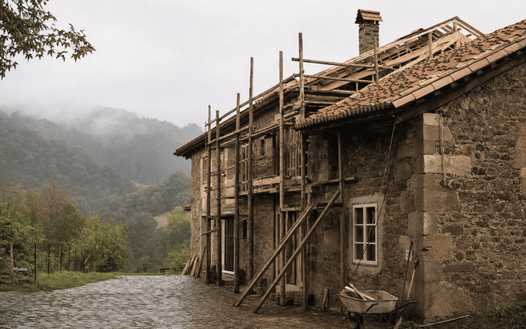 Caserío vasco en pleno proceso de rehabilitación en Bizkaia, con andamio de madera y muros de mampostería a la vista