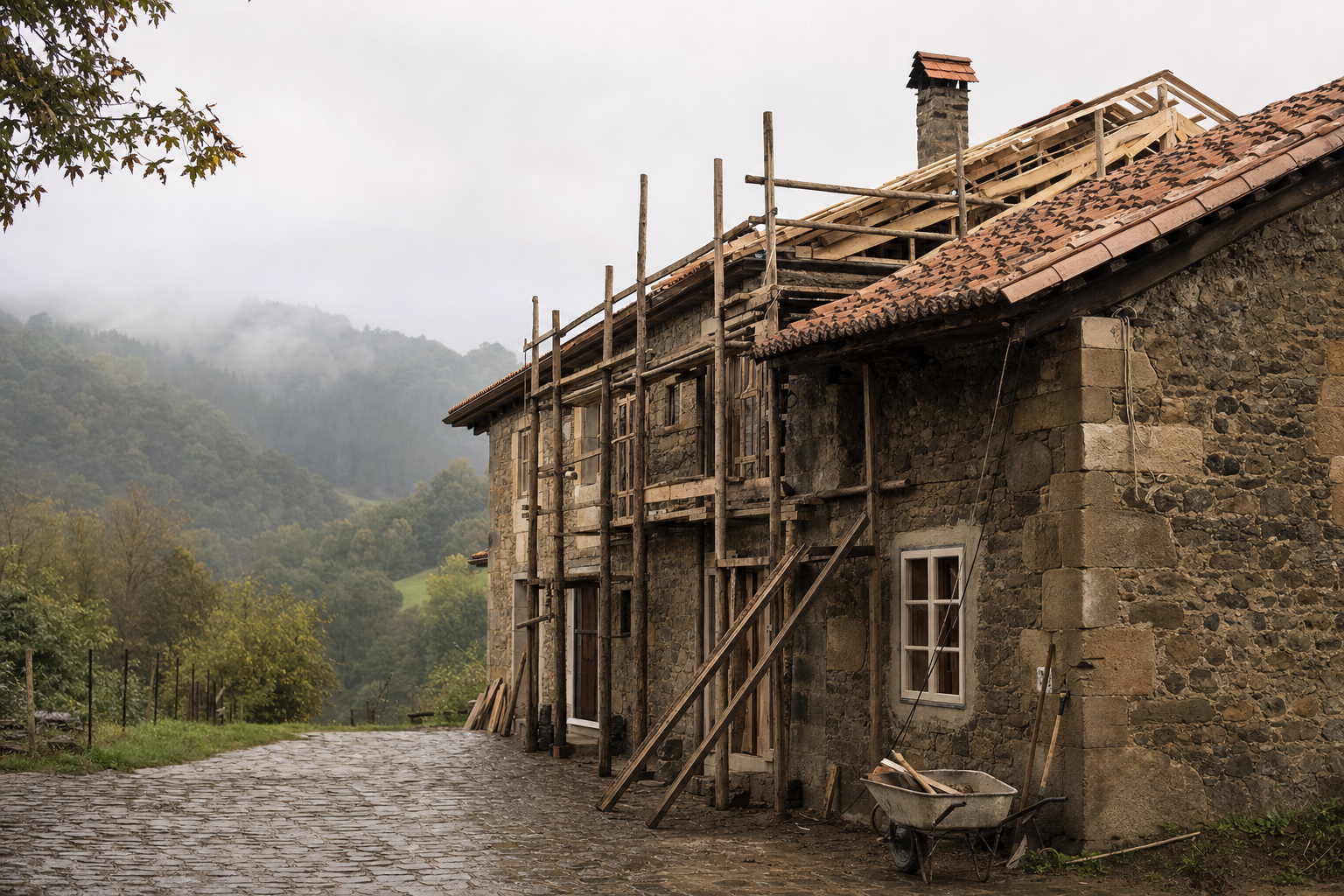 Caserío vasco en pleno proceso de rehabilitación en Bizkaia, con andamio de madera y muros de mampostería a la vista