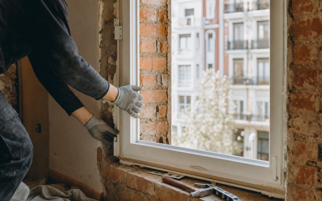 Instalación de ventana nueva en un piso de Bilbao con marco de PVC y protección de suelo