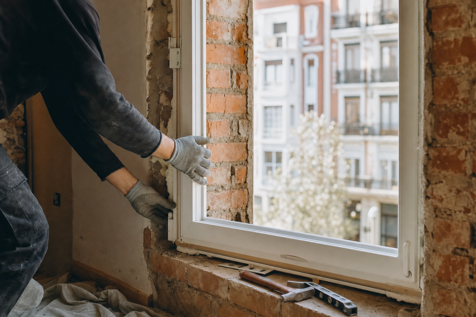 Instalación de ventana nueva en un piso de Bilbao con marco de PVC y protección de suelo