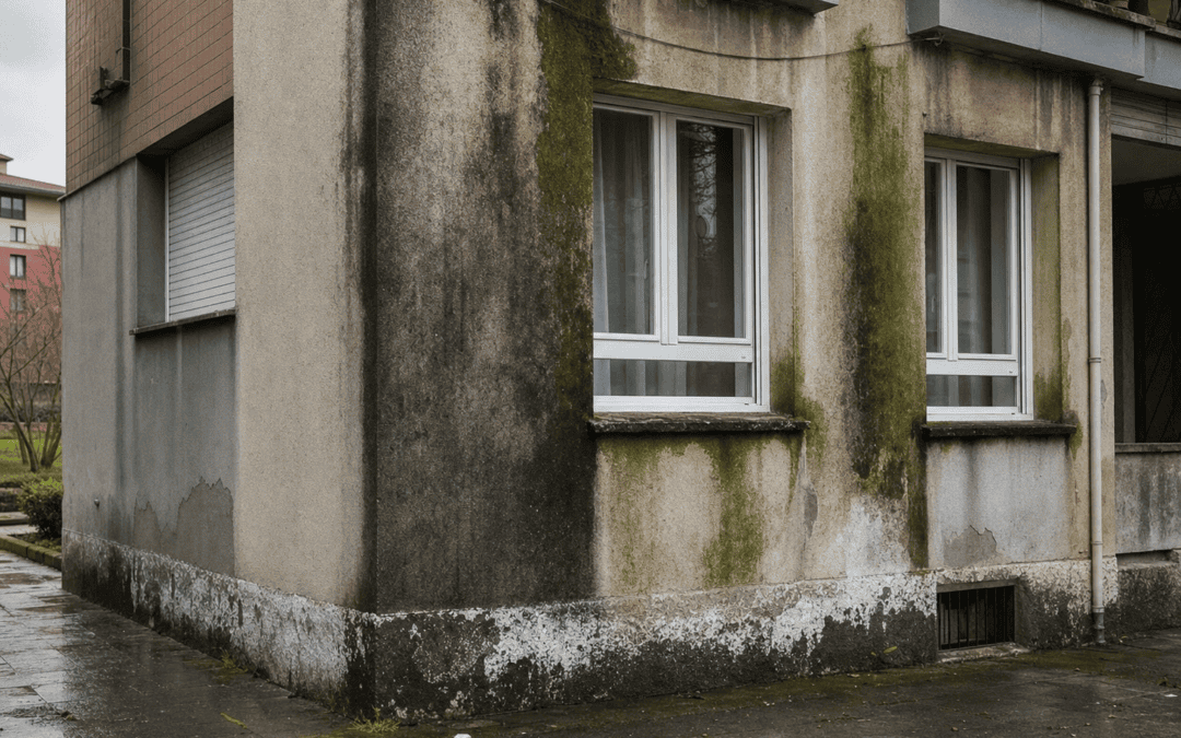 Fachada de comunidad de vecinos en Bilbao con humedades y salitre visible cerca del suelo