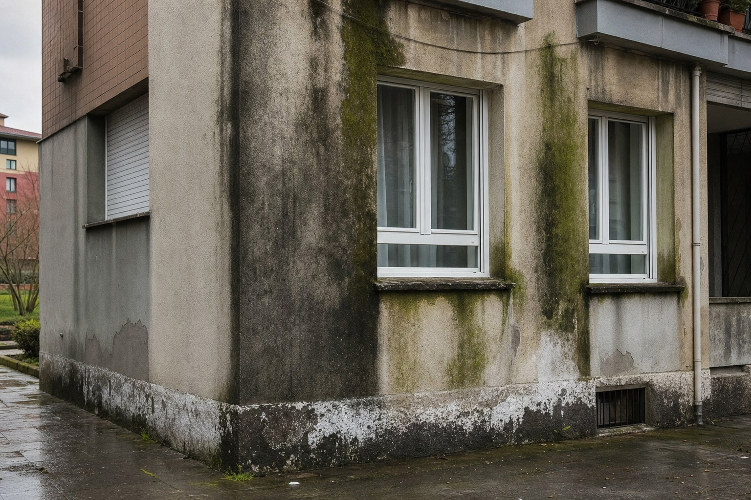 Fachada de comunidad de vecinos en Bilbao con humedades y salitre visible cerca del suelo